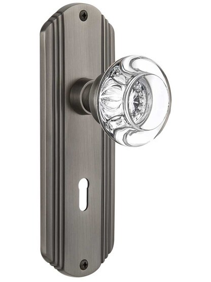 Streamline Deco Door Set with Round Crystal Glass Knobs and Keyhole in Antique Pewter.
